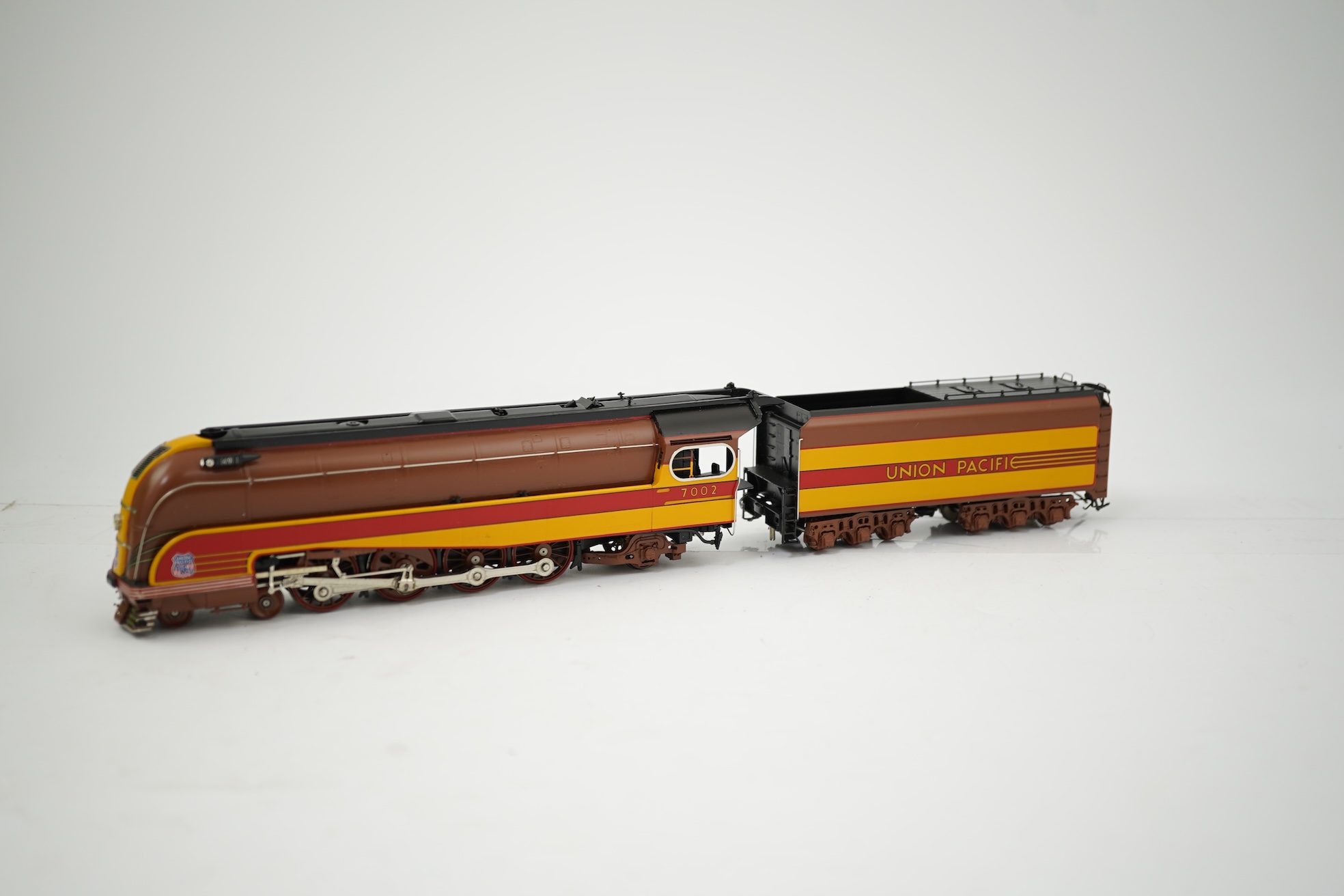 A boxed HO gauge Overland Models Inc. model of Union Pacific, 7002, streamlined 4-8-2 locomotive with bogie tender, powered for two rail operation.
